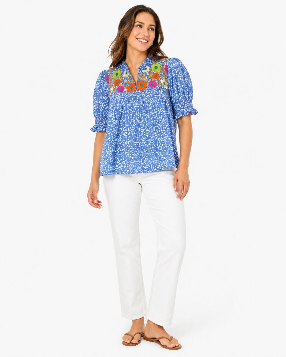 THML Blue Floral Embroidered Babydoll Top Small Smocked Boho Puff Sleeve Blouse